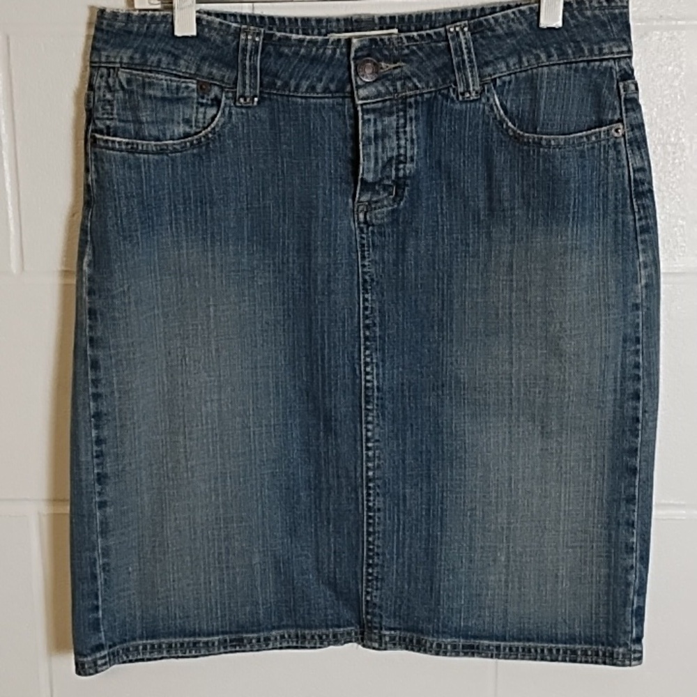 Vintage Y2K Stretch Denim Button Front Back Slit Skirt with a Touch of Bling 7/8